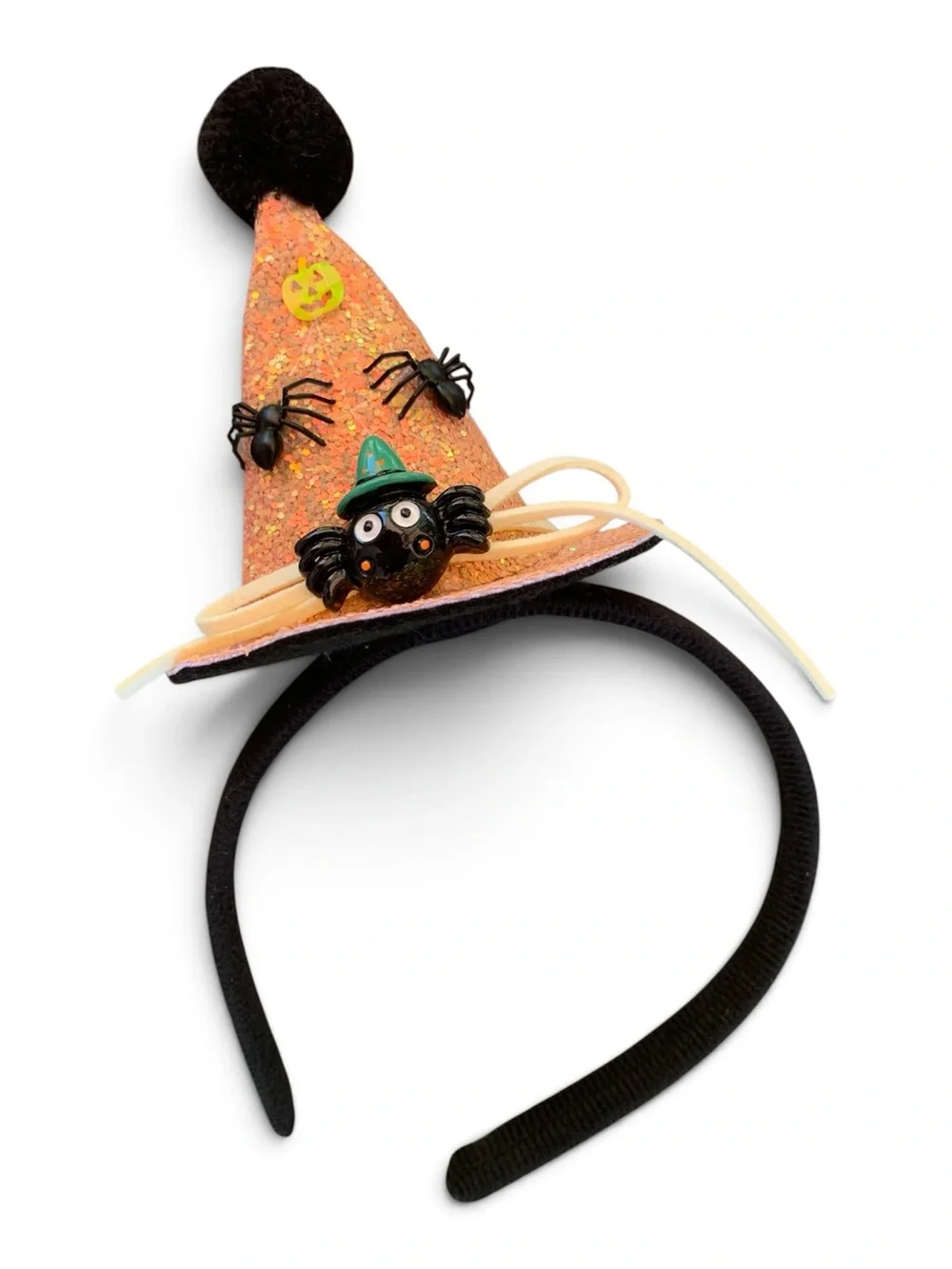 Kids Halloween Accessories Orange Glitter Witch Hat Headband with Cute Spiders